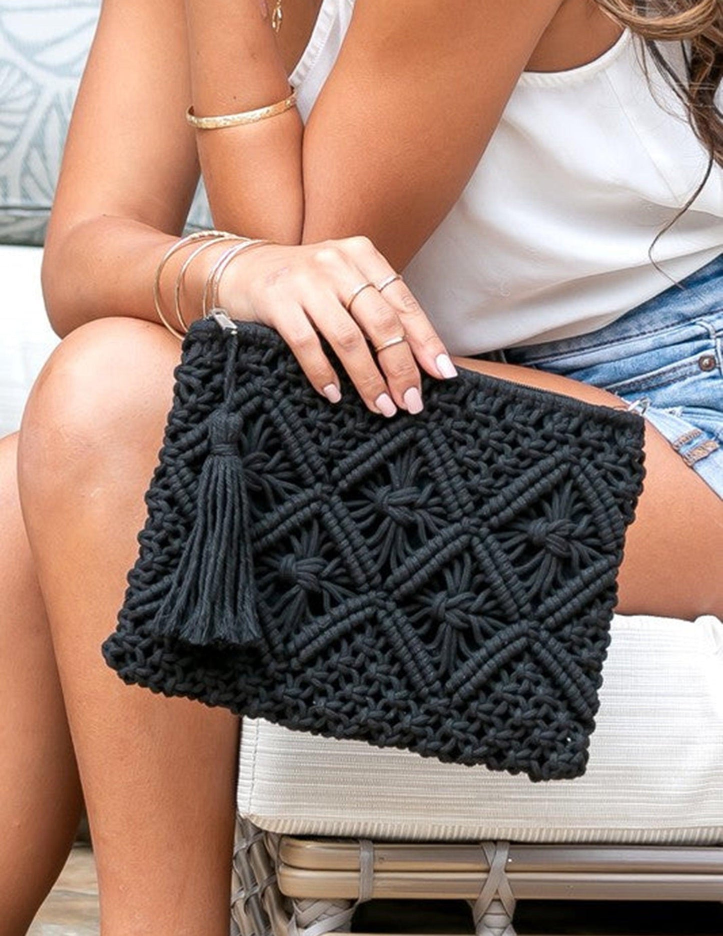 Lattice Macrame Tassel Clutch