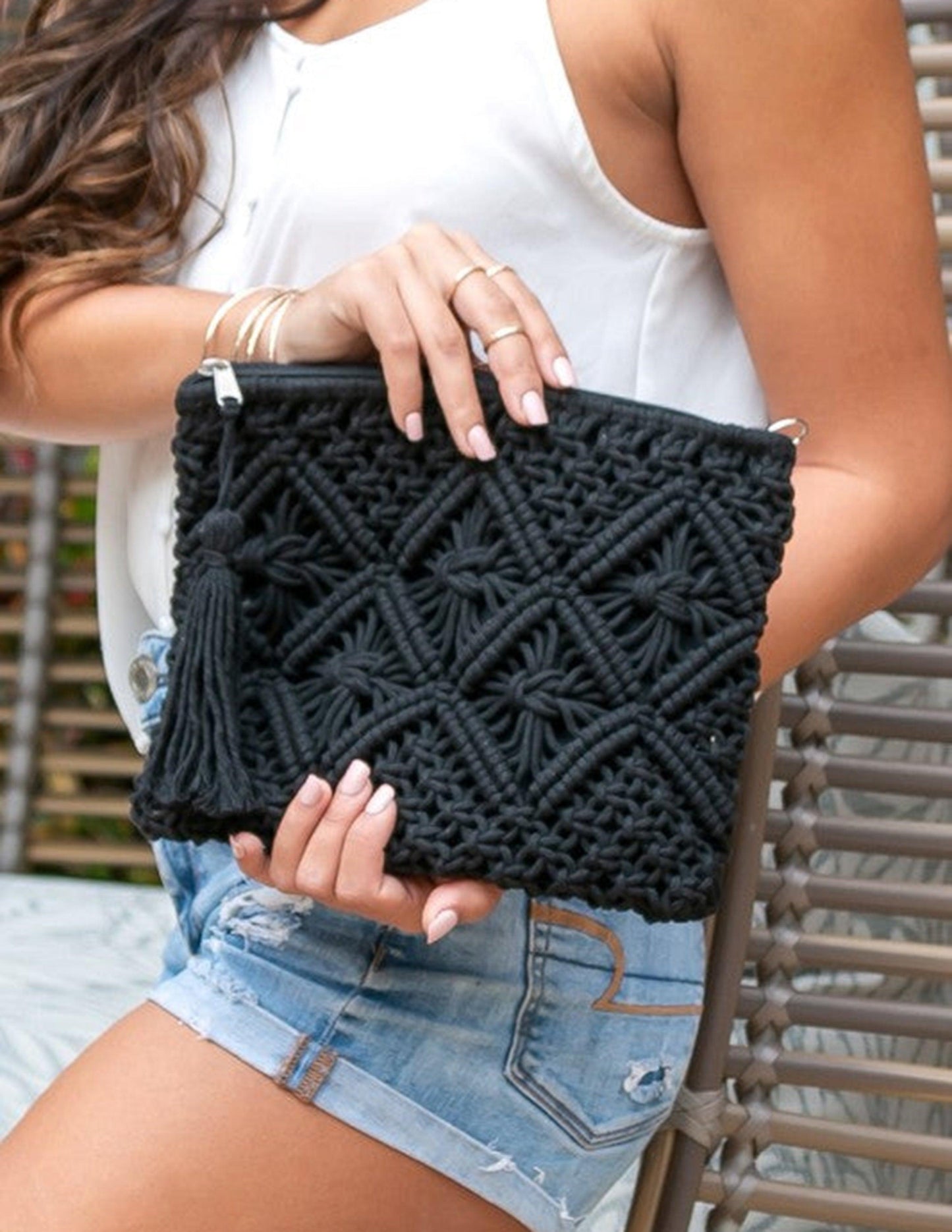 Lattice Macrame Tassel Clutch