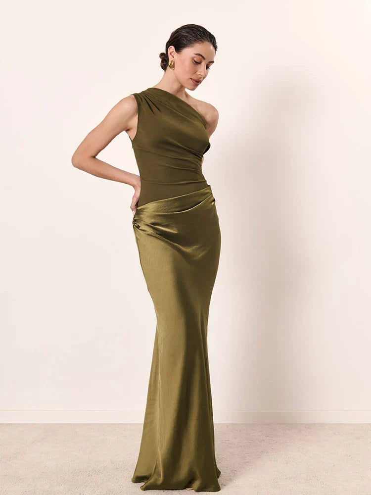 One-Shoulder Satin Flow Dress